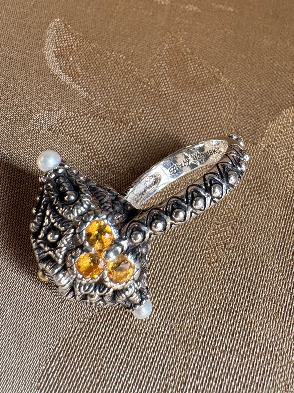 Flower Pod Sterling Silver 18k Gold Garnet Citrine Pearl Ring Barbara Bixby 6.75 - Picture 9 of 12